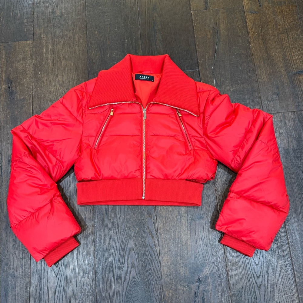 AKIRA Red Cropped Puffer Jacket with Stand-Up Collar NWOT
